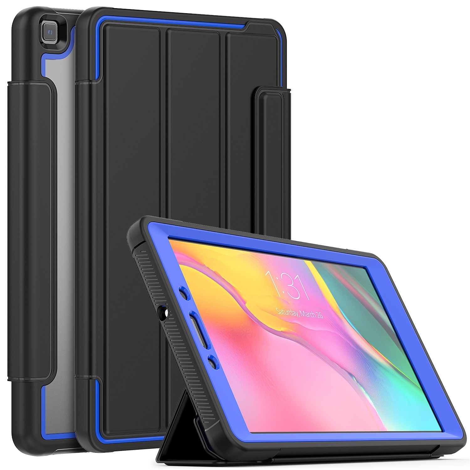 Case2go - Tablet hoes geschikt voor Samsung Galaxy Tab A 8.0 (2019) - Tri-Fold Book Case met Transparante Back Cover en Pencil Houder - Blauw/Zwart afbeelding