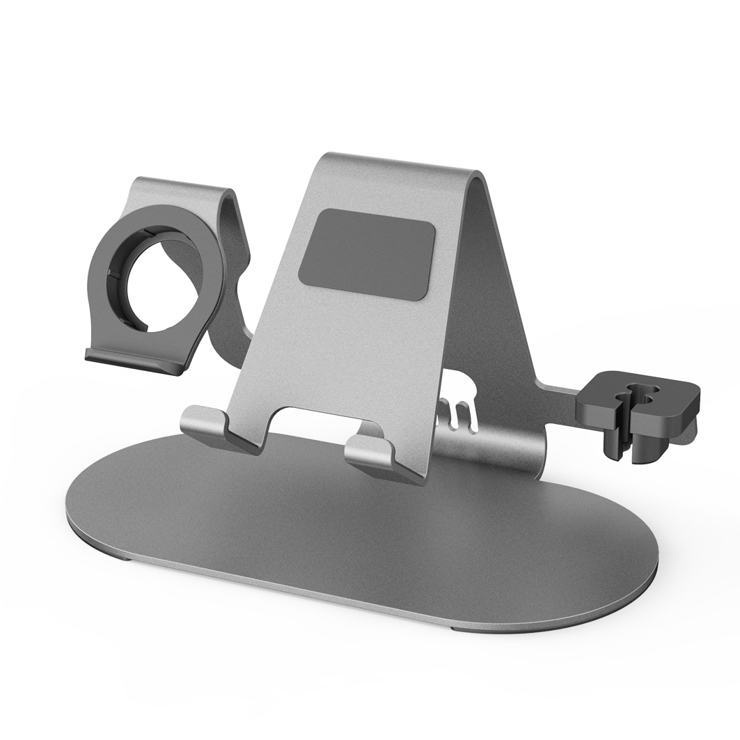 Case2go - Multifunctionele Telefoonhouder geschikt voor iPhone, Applewatch en Airpods - 3 in 1 Telefoonstandaard - Telefoonhouder bureau - Grijs afbeelding