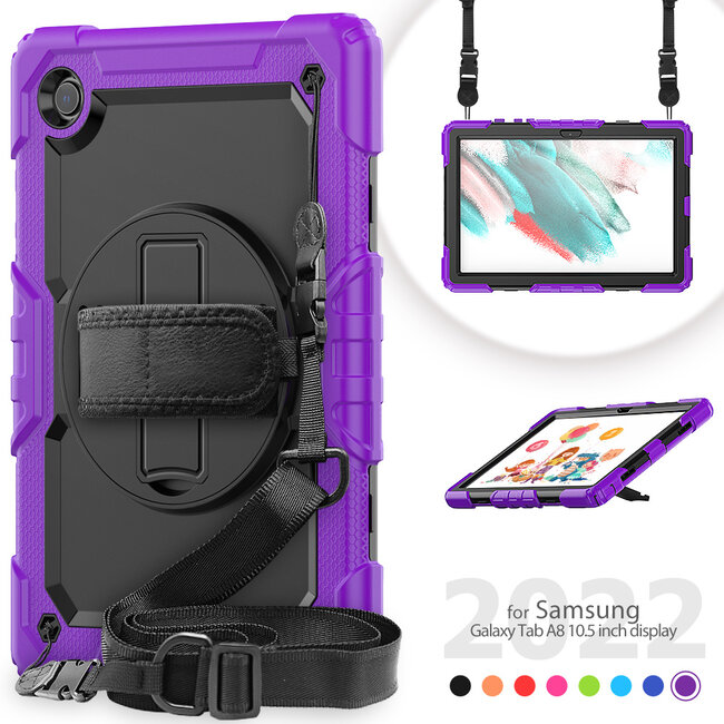 Case2go - Tablet Hoes geschikt voor Samsung Galaxy Tab A8 (2022 &amp; 2021) - 10.5 Inch - Heavy Duty Case met Ingebouwde Screenprotector en Schouderriem - Paars