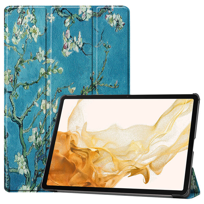 Case2go - Tablet Hoes geschikt voor Samsung Galaxy Tab S8 Plus (2022) - 12.4 Inch - Tri-Fold Book Case - Witte Bloesem