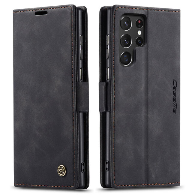 Caseme - Telefoonhoesje geschikt voor Samsung Galaxy S22 Ultra 5G- Retro Wallet Book Case - Magneetsluiting - Zwart