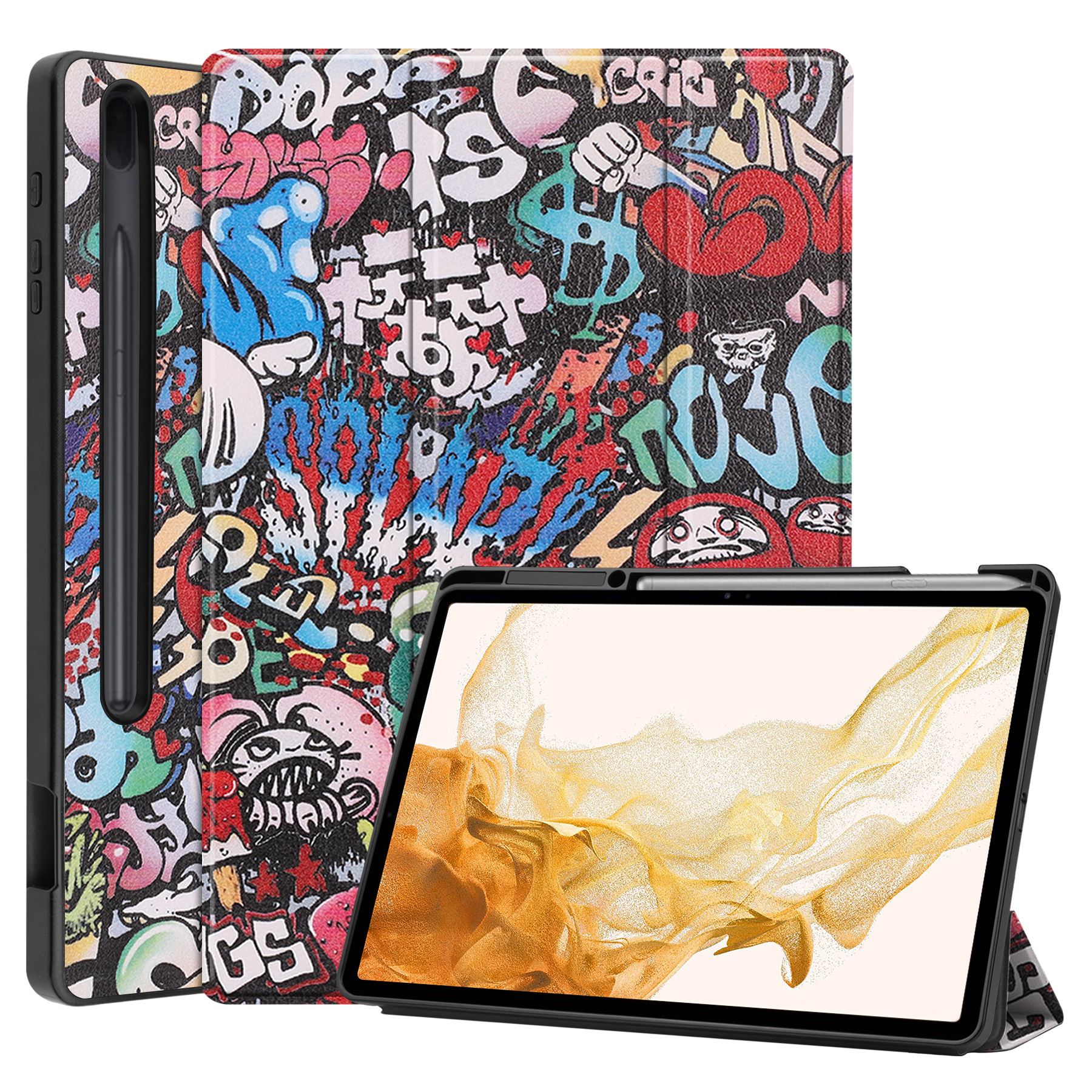 Case2go - Tablet hoes geschikt voor Samsung Galaxy Tab S8 Plus (2022) - 12.4 inch - Flexibel TPU - Tri-Fold Book Case - Met pencil houder - Graffiti afbeelding
