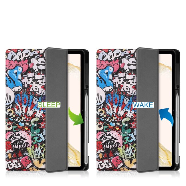 Case2go - Tablet hoes geschikt voor Samsung Galaxy Tab S8 Plus (2022) - 12.4 inch - Flexibel TPU - Tri-Fold Book Case - Met pencil houder - Graffiti