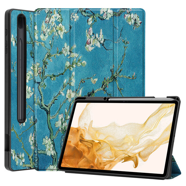 Case2go - Tablet hoes geschikt voor Samsung Galaxy Tab S8 Plus (2022) - 12.4 inch - Flexibel TPU - Tri-Fold Book Case - Met pencil houder - Witte Bloesem