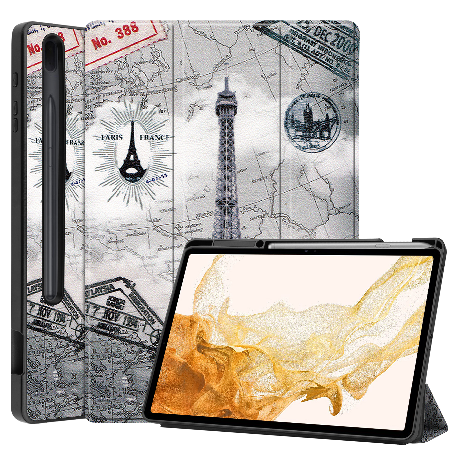 Case2go - Tablet hoes geschikt voor Samsung Galaxy Tab S8 Plus (2022) - 12.4 inch - Flexibel TPU - Tri-Fold Book Case - Met pencil houder - Eiffeltoren afbeelding