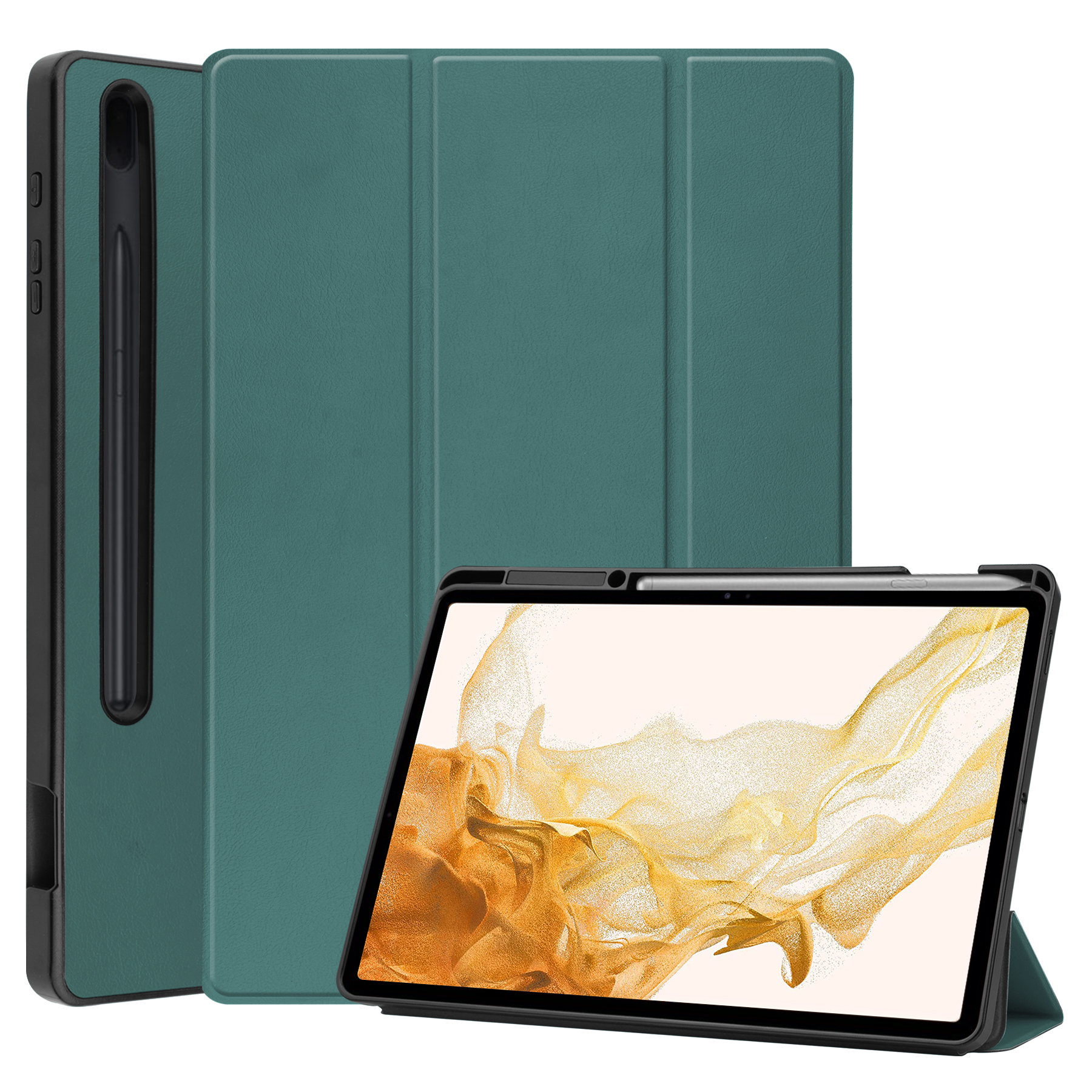 Case2go - Tablet hoes geschikt voor Samsung Galaxy Tab S8 Plus (2022) - 12.4 inch - Flexibel TPU - Tri-Fold Book Case - Met pencil houder - Donker Groen afbeelding