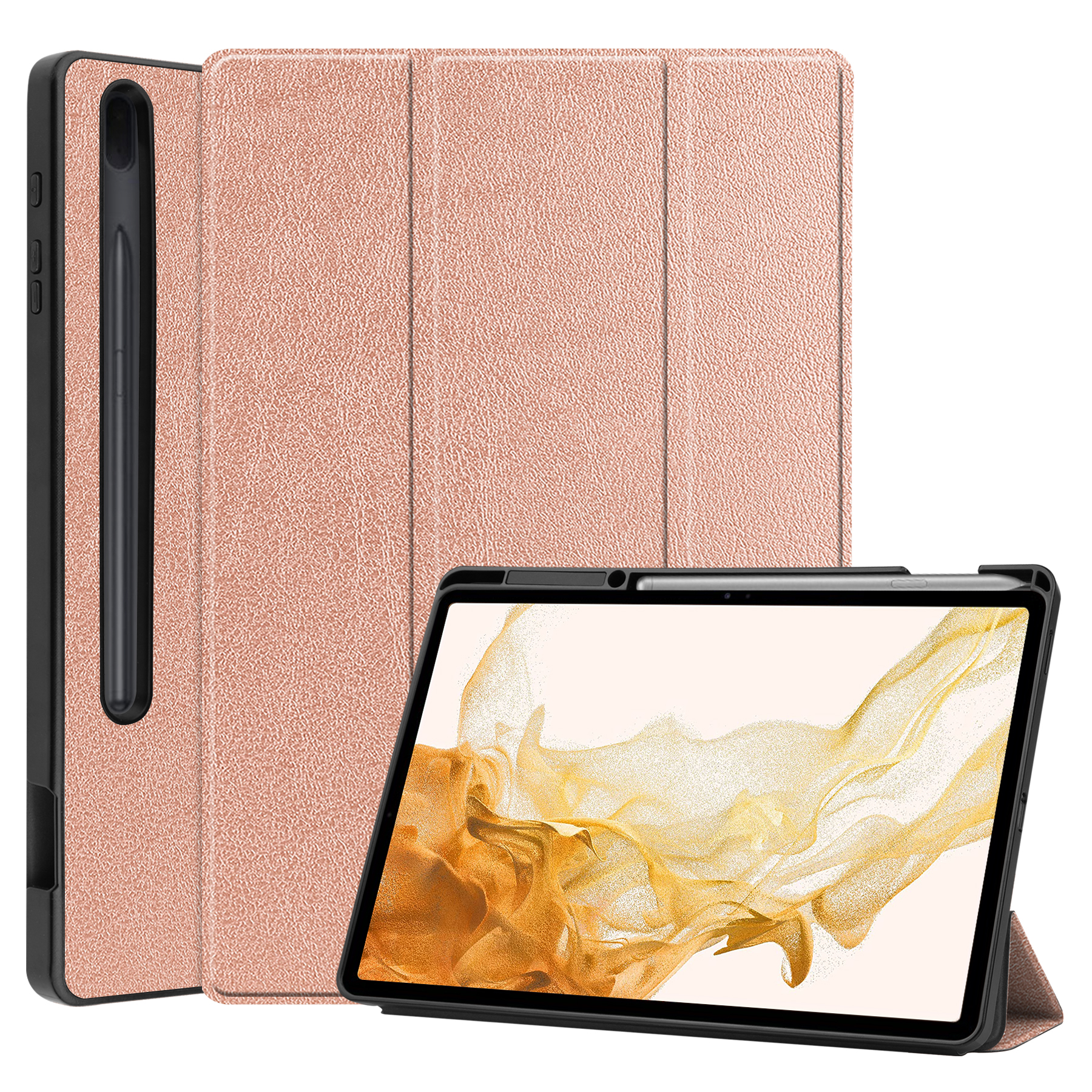 Case2go - Tablet hoes geschikt voor Samsung Galaxy Tab S8 Plus (2022) - 12.4 inch - Flexibel TPU - Tri-Fold Book Case - Met pencil houder - Rosé-Goud afbeelding