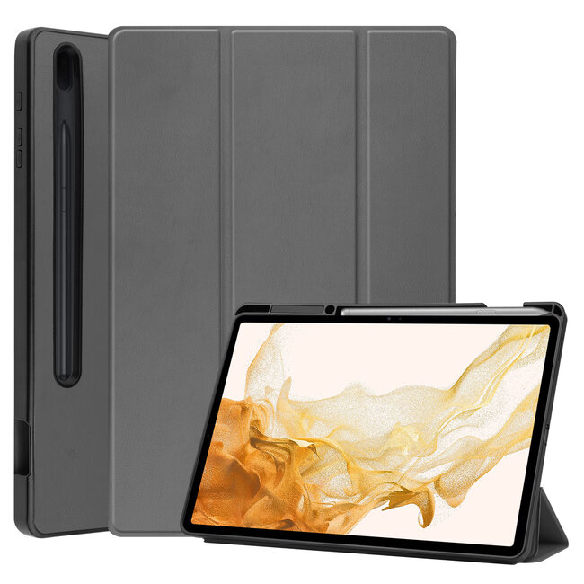 Case2go - Tablet hoes geschikt voor Samsung Galaxy Tab S8 Plus (2022) - 12.4 inch - Flexibel TPU - Tri-Fold Book Case - Met pencil houder - Grijs