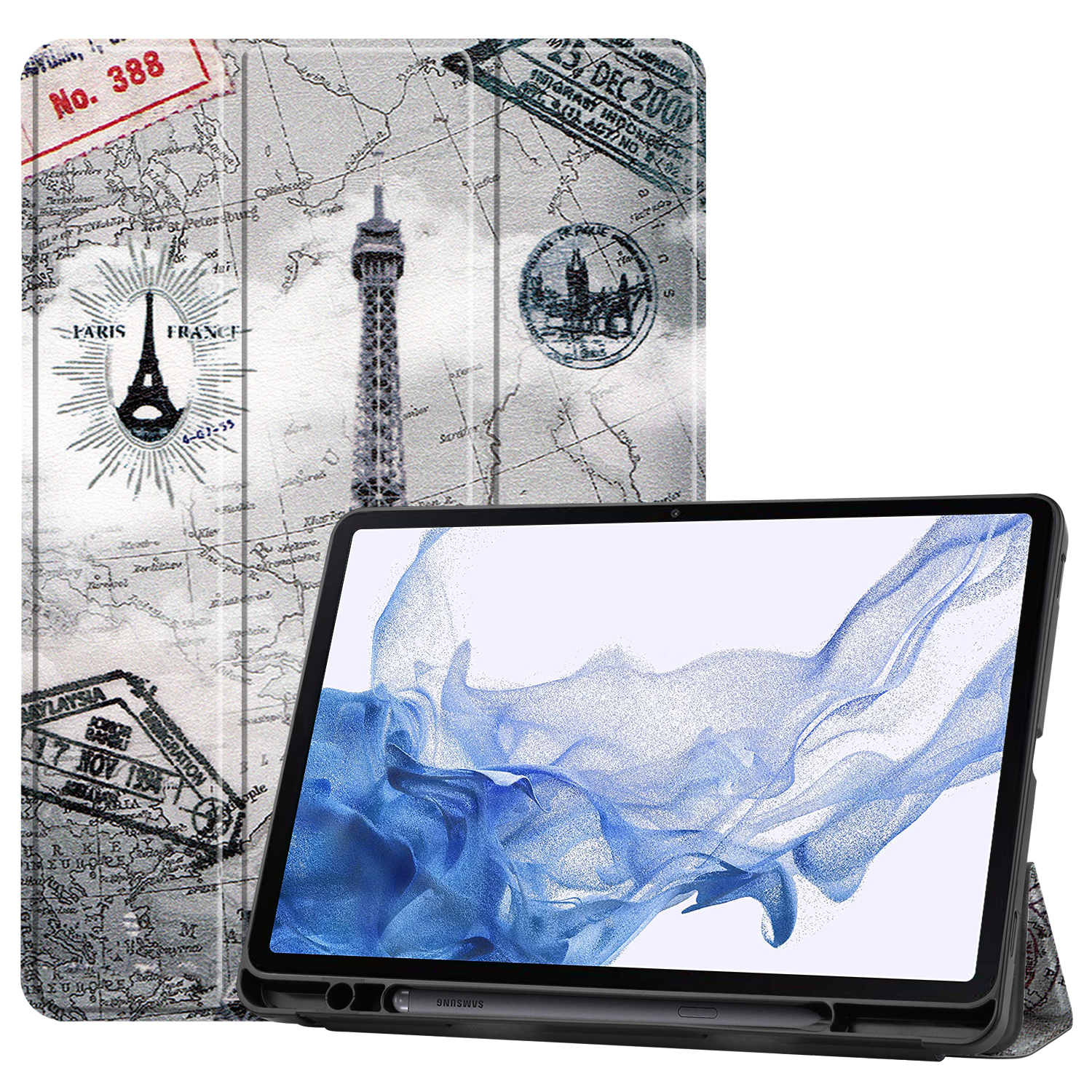 Case2go - Tablet hoes geschikt voor Samsung Galaxy Tab S8 (2022) - 11 inch - Flexibel TPU - Tri-Fold Book Case - Met pencil houder - Eiffeltoren afbeelding