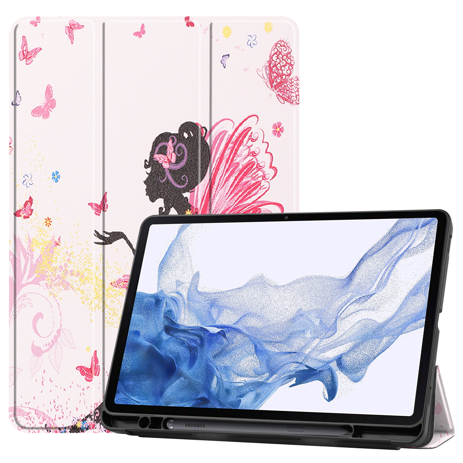Case2go - Tablet hoes geschikt voor Samsung Galaxy Tab S8 (2022) - 11 inch - Flexibel TPU - Tri-Fold Book Case - Met pencil houder - Flower Fairy afbeelding