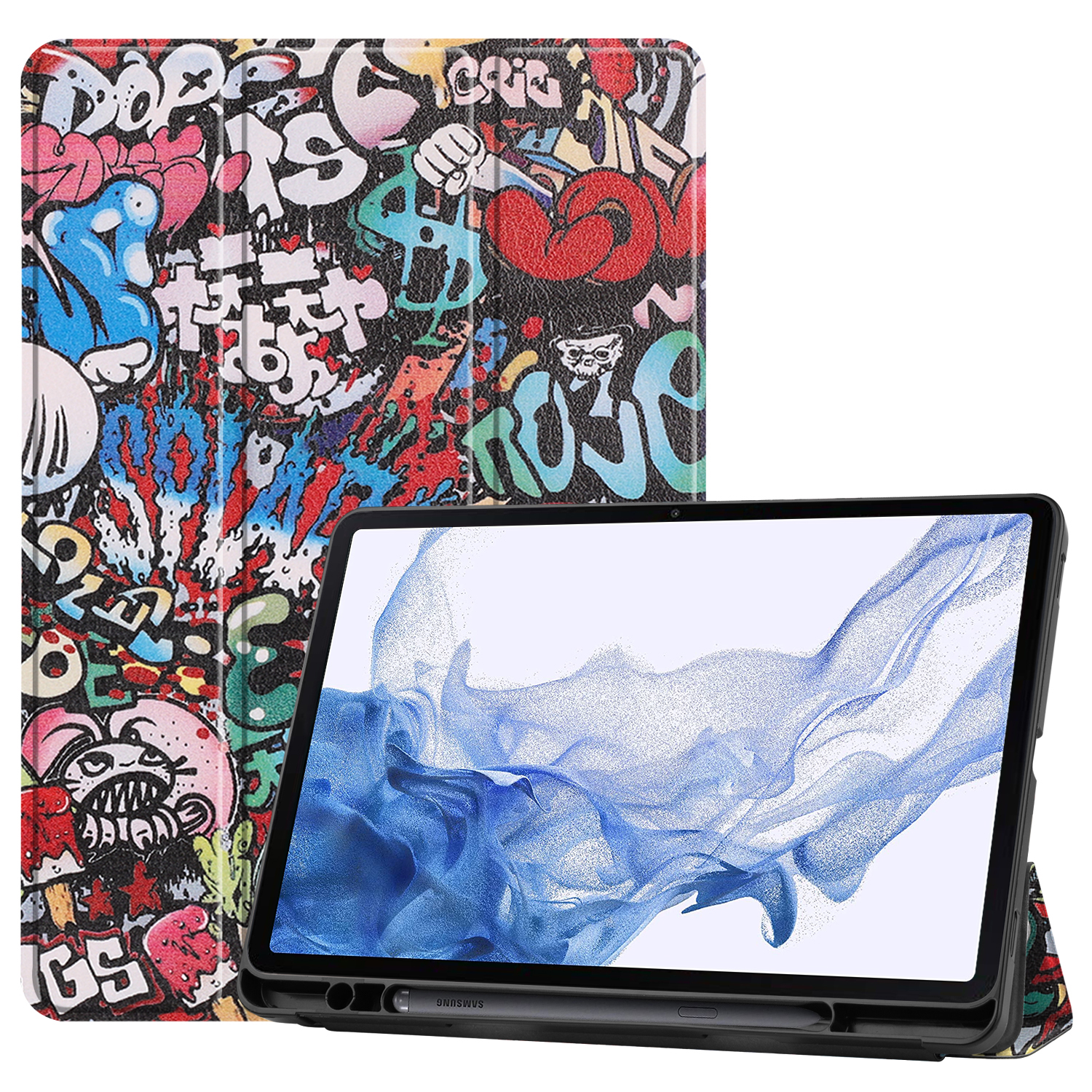 Case2go - Tablet hoes geschikt voor Samsung Galaxy Tab S8 (2022) - 11 inch - Flexibel TPU - Tri-Fold Book Case - Met pencil houder - Graffiti afbeelding