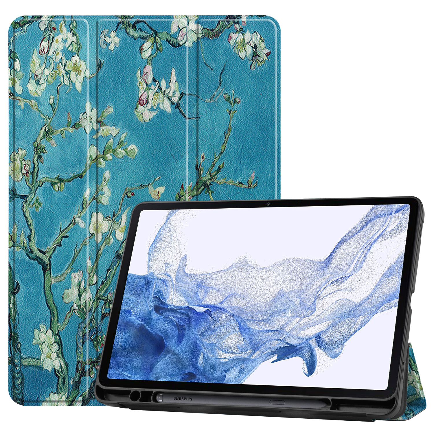 Case2go - Tablet hoes geschikt voor Samsung Galaxy Tab S8 (2022) - 11 inch - Flexibel TPU - Tri-Fold Book Case - Met pencil houder - Witte Bloesem afbeelding