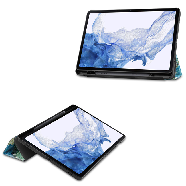 Case2go - Tablet hoes geschikt voor Samsung Galaxy Tab S8 (2022) - 11 inch - Flexibel TPU - Tri-Fold Book Case - Met pencil houder - Witte Bloesem