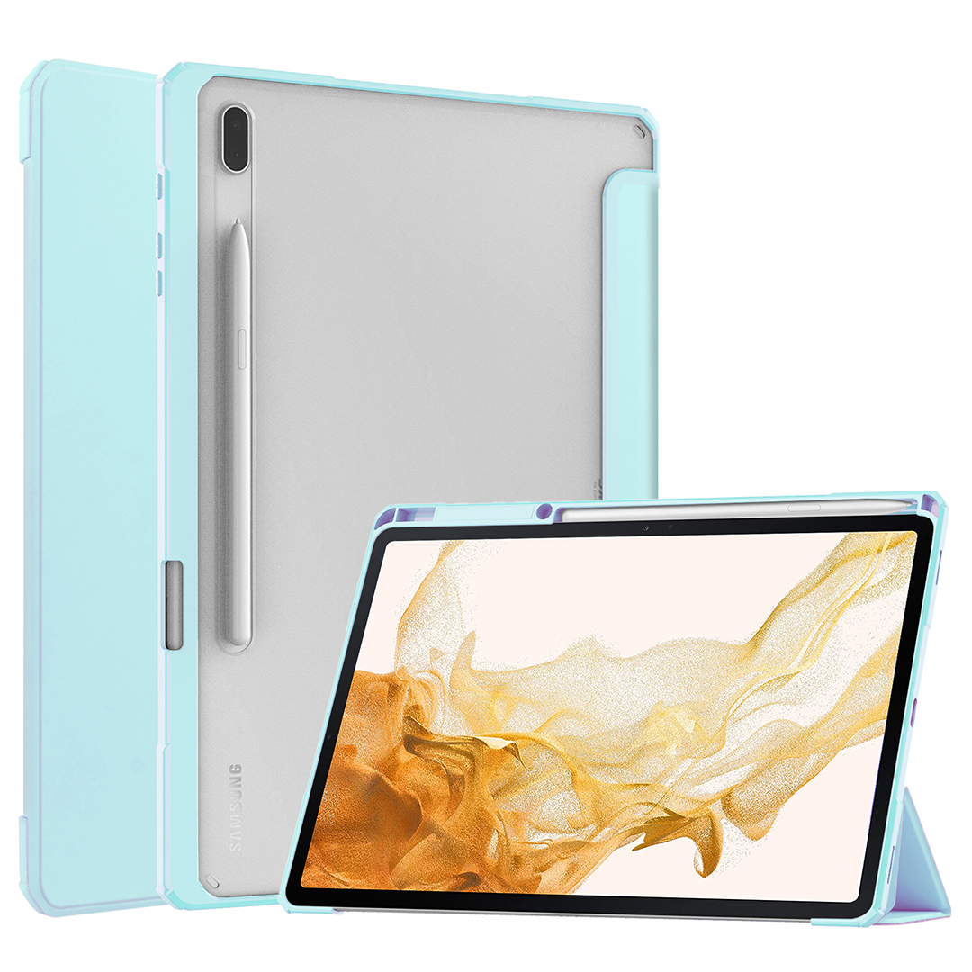 Case2go - Tablet Hoes geschikt voor Samsung Galaxy Tab S8 (2022) - Tri-Fold Transparante Cover - Met Pencil Houder - Licht Blauw afbeelding