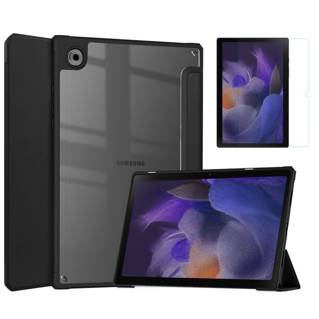 Case2go - Hoes & Screenprotector geschikt voor Samsung Galaxy Tab A8 (2022 & 2021) - 10.5 Inch - Transparante Case - Tri-fold Back Cover - Zwart