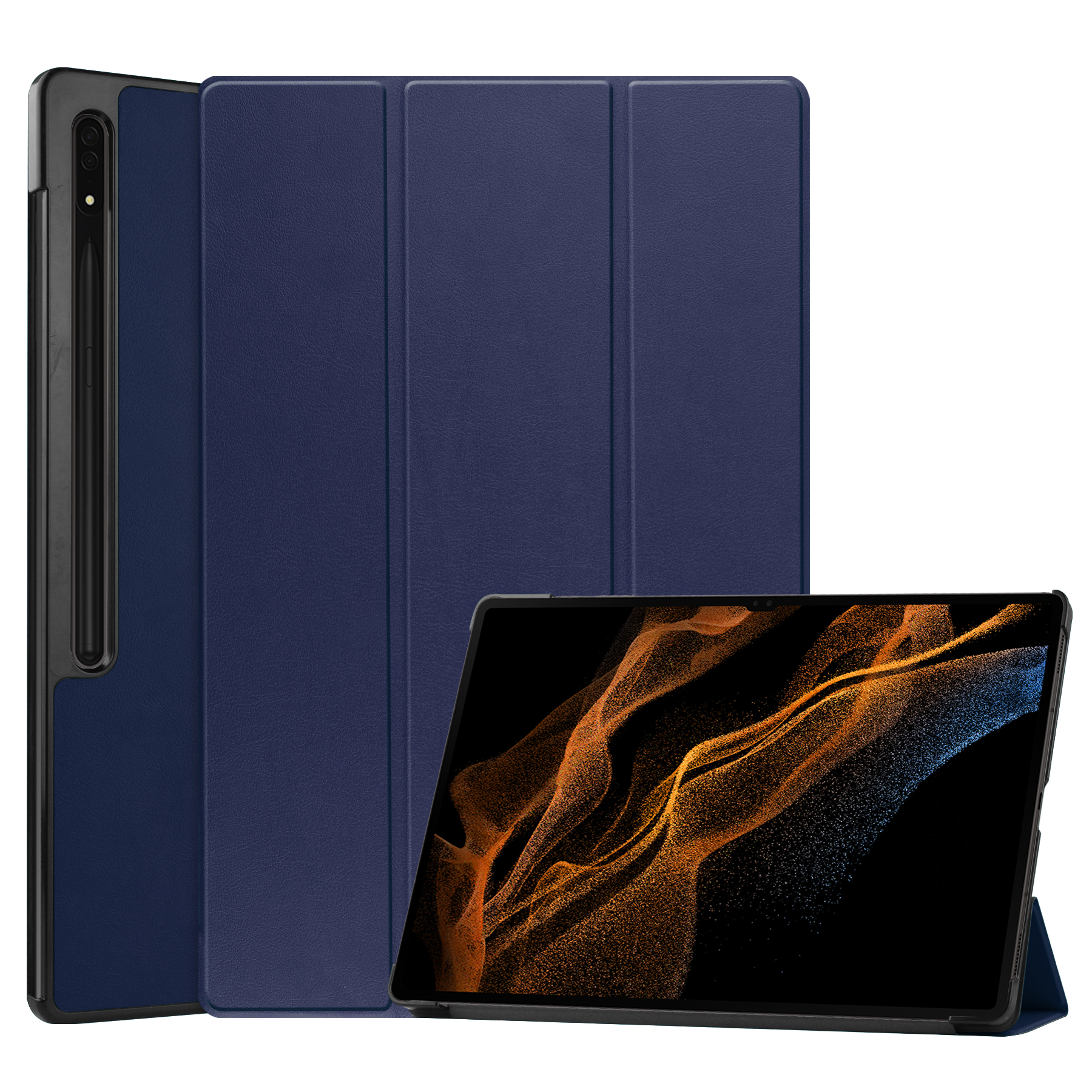 Case2go - Tablet Hoes geschikt voor Samsung Galaxy Tab S8 Ultra (2022) - Auto Wake Functie - Tri-Fold Book Case - Donker Blauw afbeelding