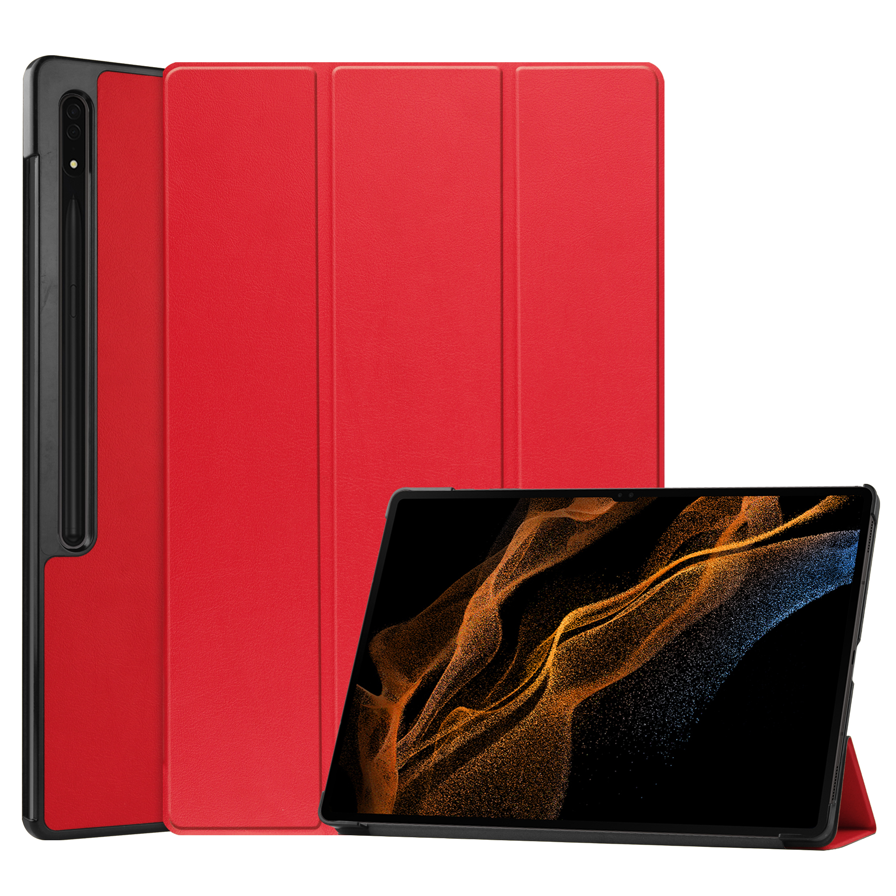 Case2go - Tablet Hoes geschikt voor Samsung Galaxy Tab S8 Ultra (2022) - Auto Wake Functie - Tri-Fold Book Case - Rood afbeelding