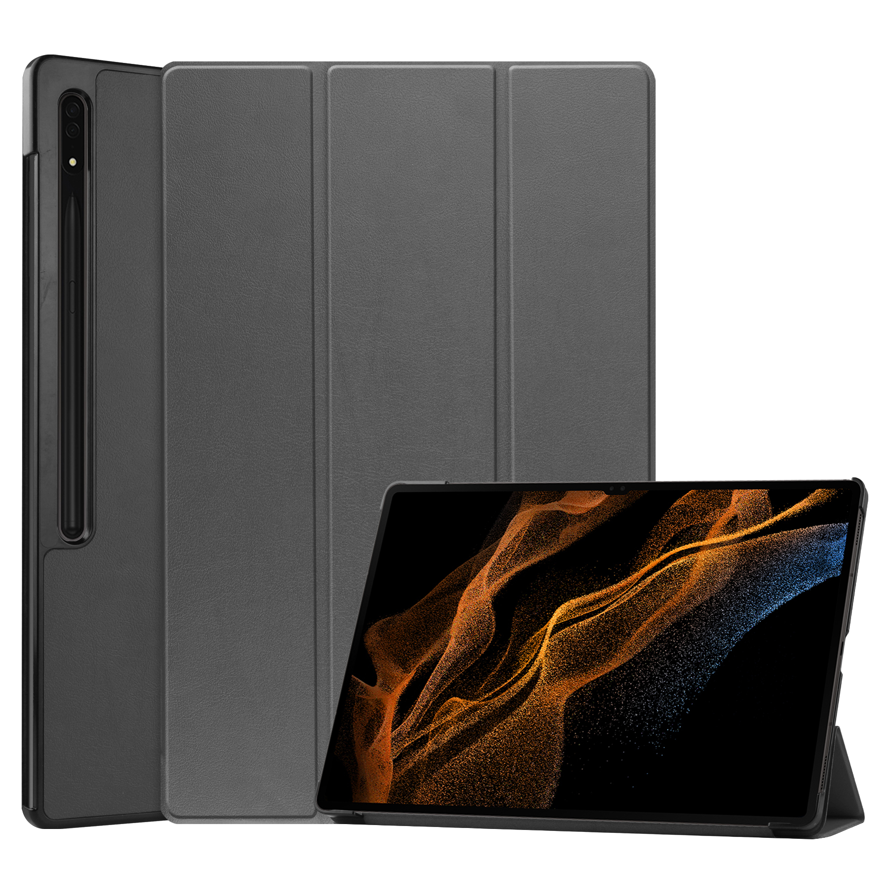 Case2go - Tablet Hoes geschikt voor Samsung Galaxy Tab S8 Ultra (2022) - Auto Wake Functie - Tri-Fold Book Case - Grijs afbeelding