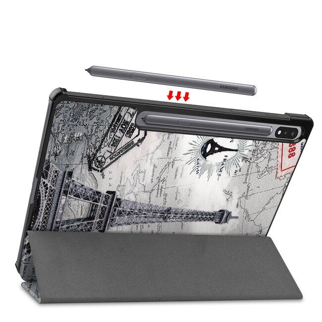 Tablet hoes & Screenprotector geschikt voor Samsung Galaxy Tab S8 Plus - 12.4 Inch - Auto Wake/Sleep functie - Eiffeltoren