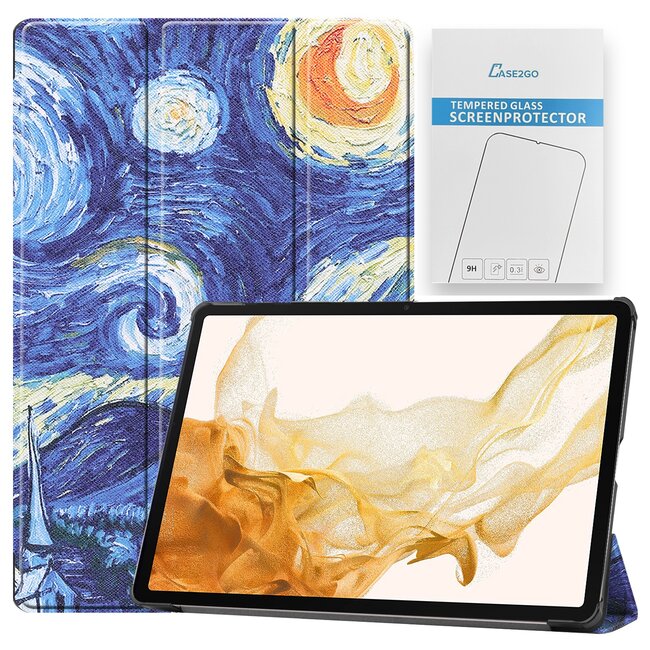 Tablet hoes & Screenprotector geschikt voor Samsung Galaxy Tab S8 Plus - 12.4 Inch - Auto Wake/Sleep functie - Sterrenhemel