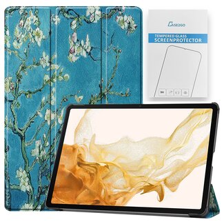 Case2go Tablet hoes & Screenprotector geschikt voor Samsung Galaxy Tab S8 Plus - 12.4 Inch - Auto Wake/Sleep functie - Witte Bloesem