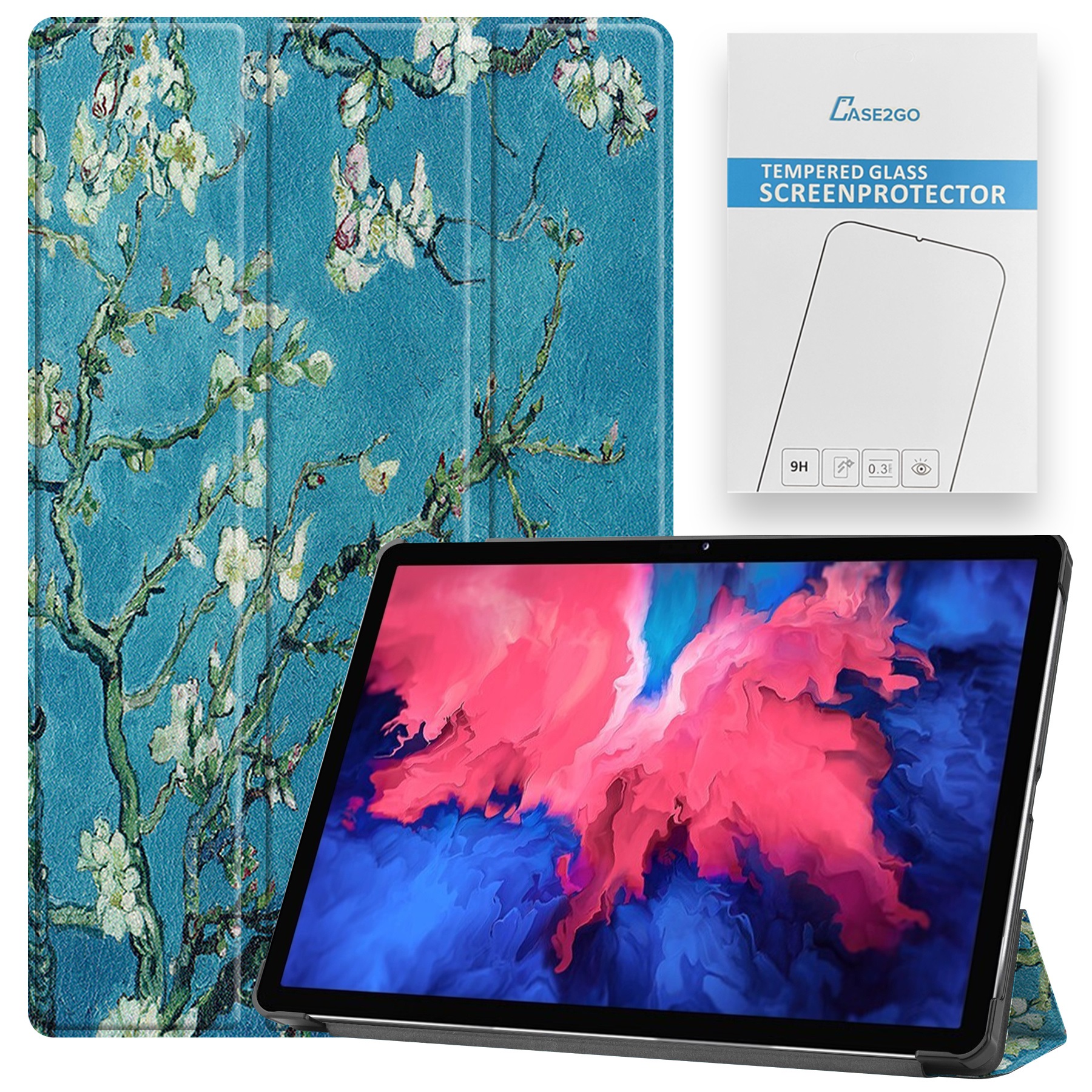 Tablet hoes &amp; Screenprotector geschikt voor Lenovo Tab P11 - 11 Inch - Auto Wake/Sleep functie - Witte Bloesem afbeelding