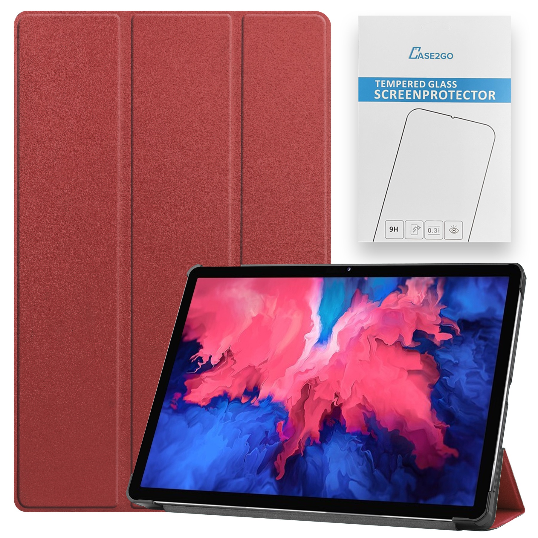 Tablet hoes &amp; Screenprotector geschikt voor Lenovo Tab P11 - 11 Inch - Auto Wake/Sleep functie - Donker Rood afbeelding