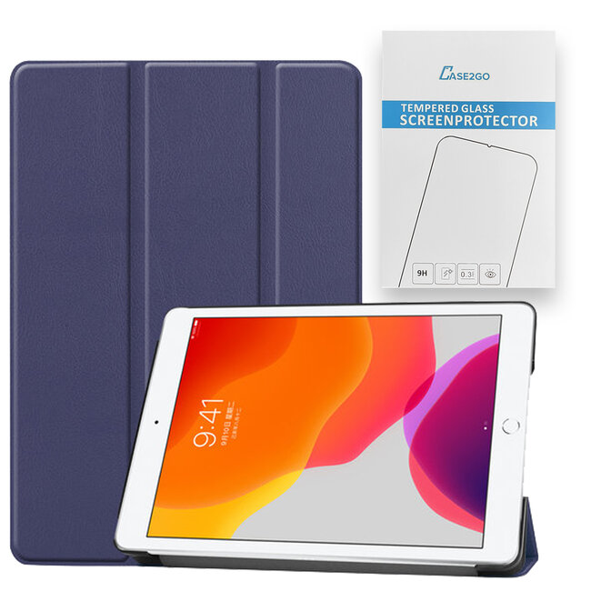 Tablet Hoes & Screenprotector voor iPad (2021, 2020 & 2019) tablet hoes en screenprotector - 2 in 1 cover - 10.2 inch - Tri-Fold Book Case - Donker Blauw
