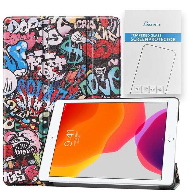 Tablet Hoes & Screenprotector voor iPad (2021, 2020 & 2019) tablet hoes en screenprotector - 2 in 1 cover - 10.2 inch - Tri-Fold Book Case - Graffiti