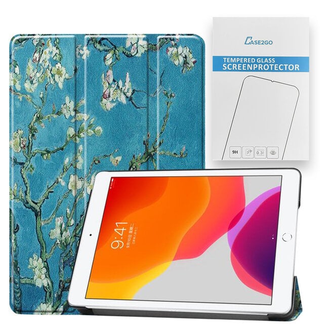 Tablet Hoes & Screenprotector voor iPad (2021, 2020 & 2019) tablet hoes en screenprotector - 2 in 1 cover - 10.2 inch - Tri-Fold Book Case - Witte Bloesem