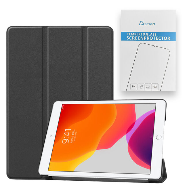 Tablet Hoes & Screenprotector voor iPad (2021, 2020 & 2019) tablet hoes en screenprotector - 2 in 1 cover - 10.2 inch - Tri-Fold Book Case - Zwart
