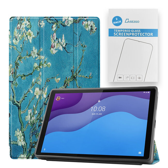 Tablet hoes & 2-Pack Screenprotector geschikt voor Lenovo Tab M10 - 10.1 Inch - Auto Wake/Sleep functie - Witte Bloesem