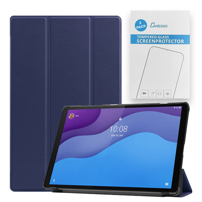 Tablet hoes & 2-Pack Screenprotector geschikt voor Lenovo Tab M10 - 10.1 Inch - Auto Wake/Sleep functie - Donker Blauw