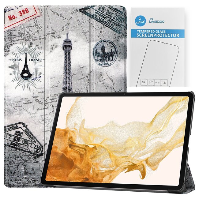 Tablet hoes & 2-Pack Screenprotector geschikt voor Samsung Galaxy Tab S8 Plus - 12.4 Inch - Auto Wake/Sleep functie - Eiffeltoren