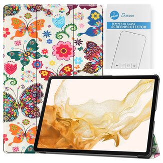Case2go Tablet hoes & 2-Pack Screenprotector geschikt voor Samsung Galaxy Tab S8 Plus - 12.4 Inch - Auto Wake/Sleep functie - Vlinders