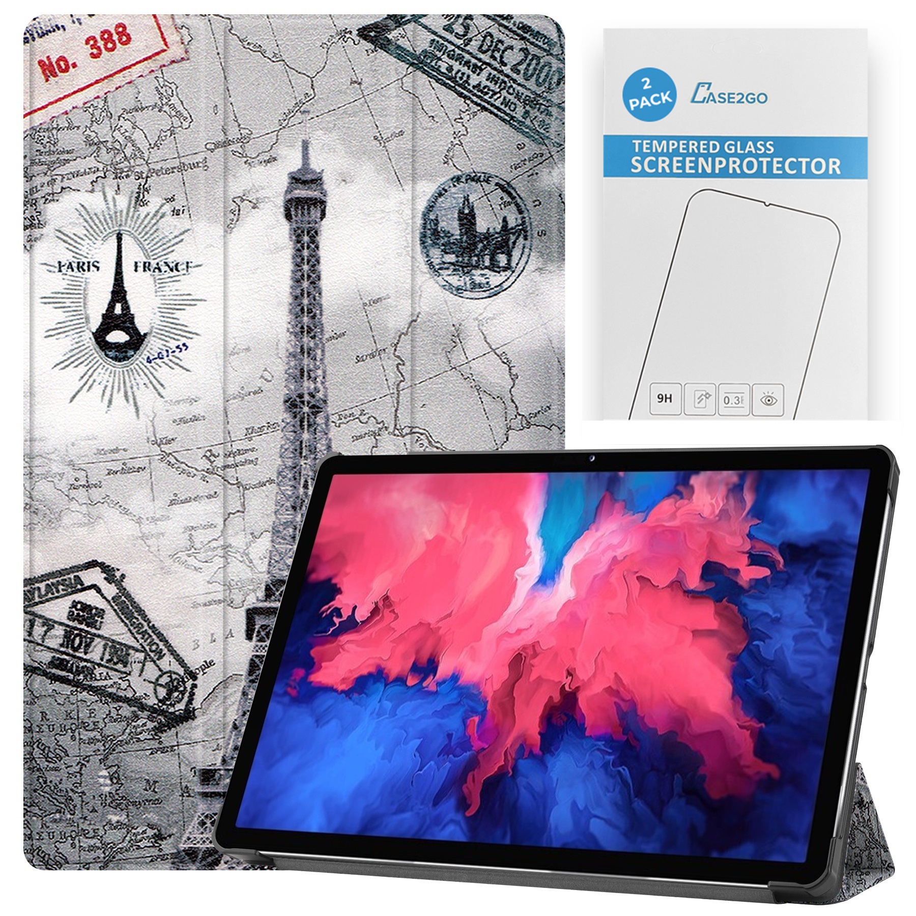 Tablet hoes &amp; 2-Pack Screenprotector geschikt voor Lenovo Tab P11 - 11 Inch - Auto Wake/Sleep functie - Eiffeltoren afbeelding
