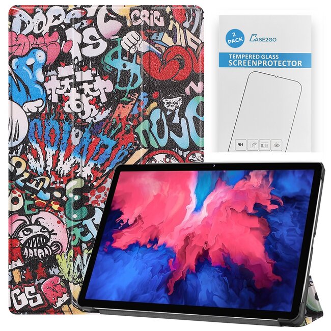 Tablet hoes & 2-Pack Screenprotector geschikt voor Lenovo Tab P11 - 11 Inch - Auto Wake/Sleep functie - Graffiti