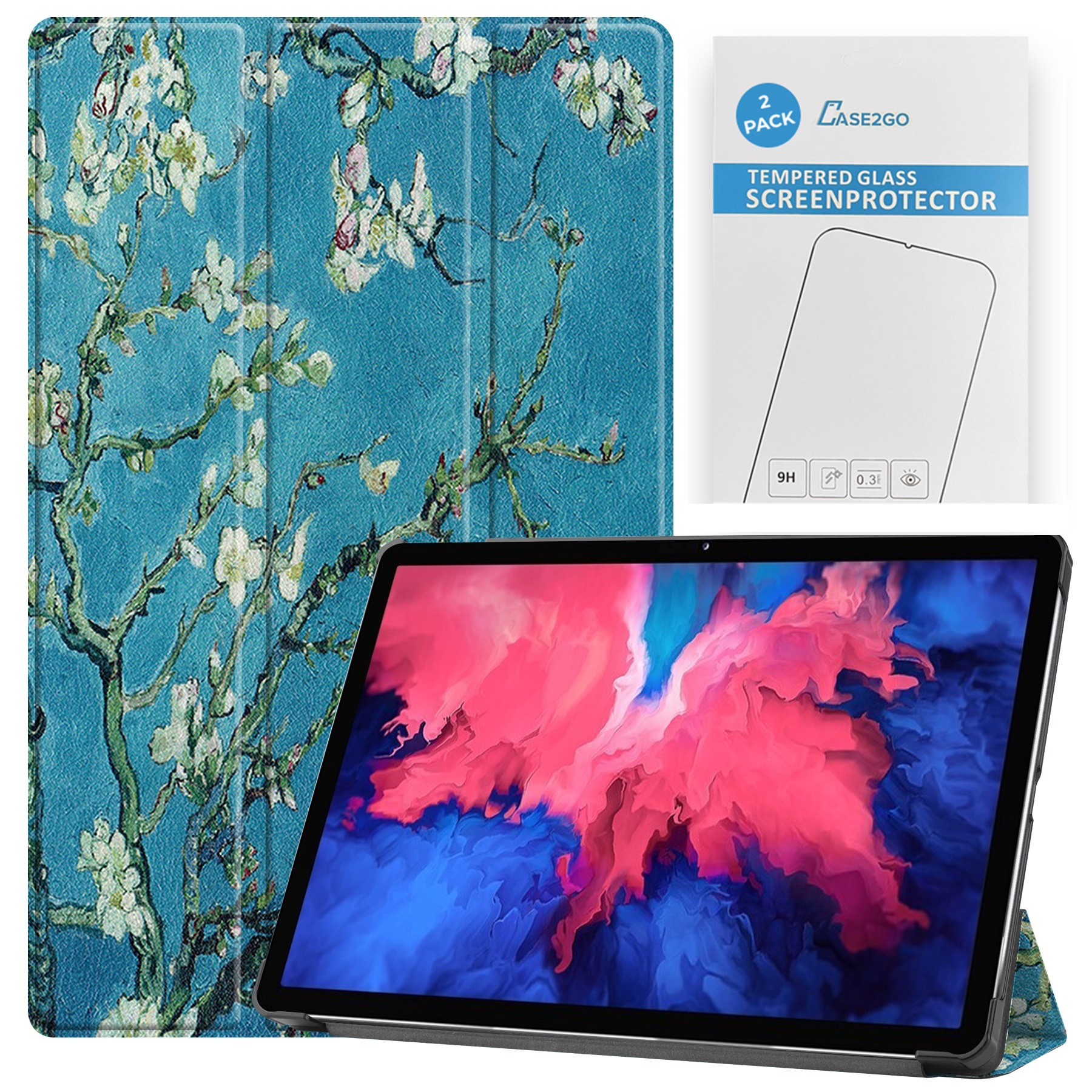 Tablet hoes &amp; 2-Pack Screenprotector geschikt voor Lenovo Tab P11 - 11 Inch - Auto Wake/Sleep functie - Witte Bloesem afbeelding