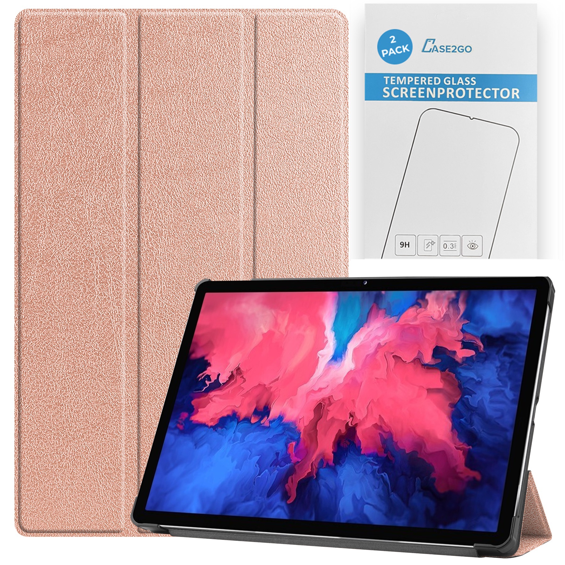 Tablet hoes &amp; 2-Pack Screenprotector geschikt voor Lenovo Tab P11 - 11 Inch - Auto Wake/Sleep functie - Rosé-Goud afbeelding