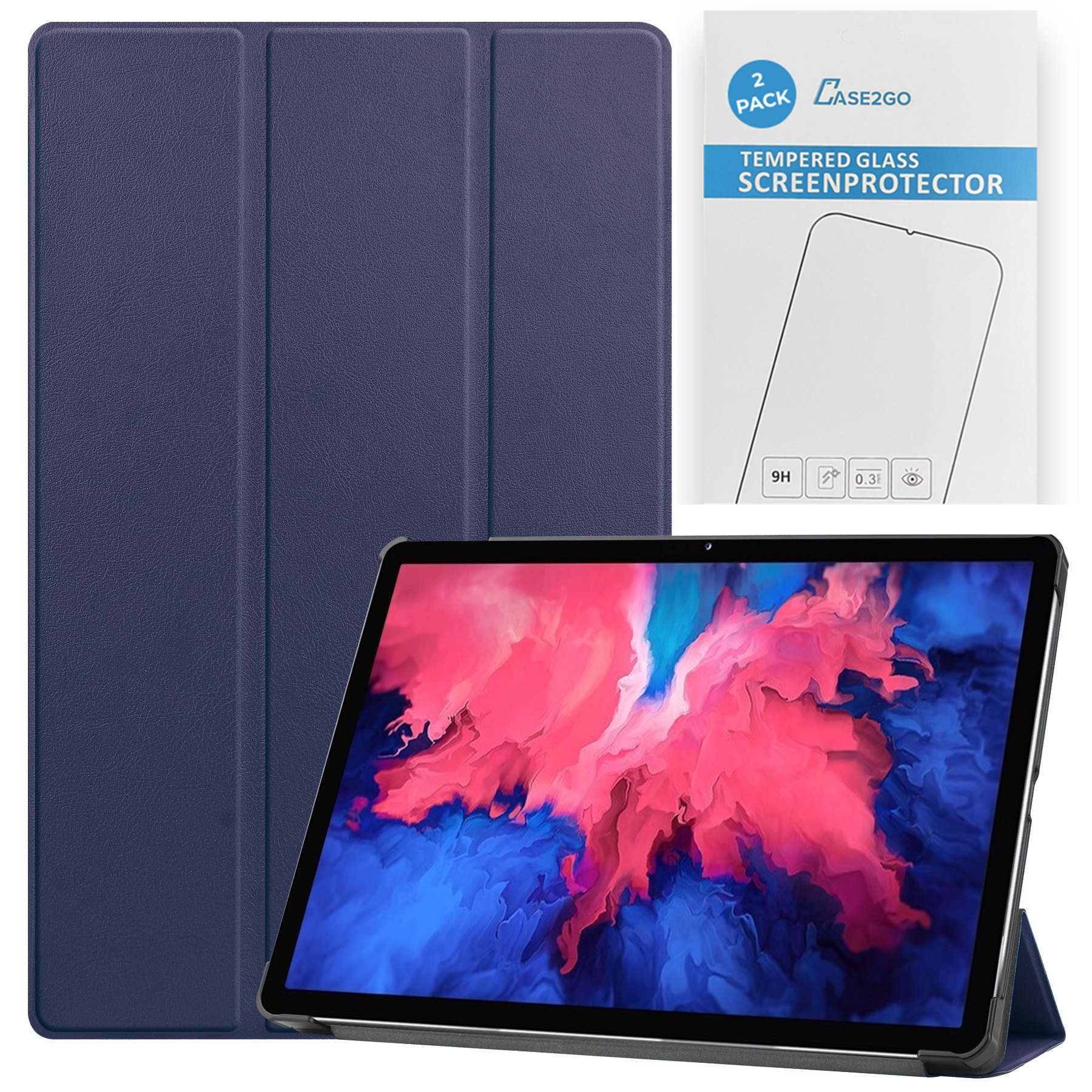 Tablet hoes &amp; 2-Pack Screenprotector geschikt voor Lenovo Tab P11 - 11 Inch - Auto Wake/Sleep functie - Donker Blauw afbeelding