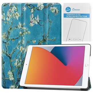 Case2go Tablet hoes & 2-Pack Screenprotector geschikt voor iPad 2021 / 2020 / 2019 - 10.2 Inch - Auto Wake/Sleep functie - Witte Bloesem