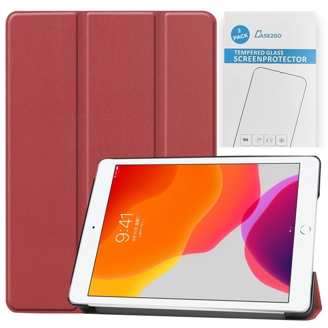Tablet hoes & 2-Pack Screenprotector geschikt voor iPad 2021 / 2020 / 2019 - 10.2 Inch - Auto Wake/Sleep functie - Donker Rood