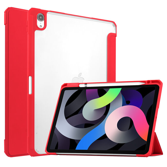 Case2go - Tablet Hoes geschikt voor iPad Air 10.9 (2022) - Transparante Case - Tri-fold Back Cover - Met Auto Wake/Sleep functie - Rood