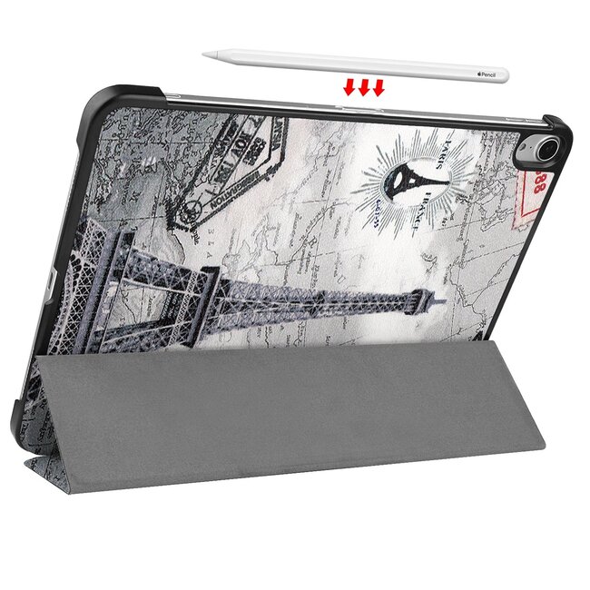 Case2go - Tablet Hoes & Screenprotector voor Apple iPad Air 2022 - 10.9 inch - Tri-Fold Book Case - Met Auto Sleep/Wake functie - Eiffeltoren
