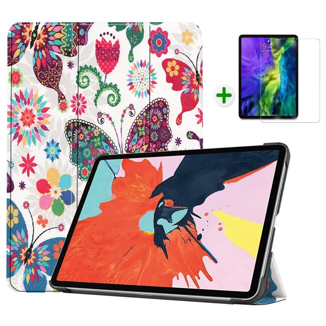 Case2go - Tablet Hoes & Screenprotector voor Apple iPad Air 2022 - 10.9 inch - Tri-Fold Book Case - Met Auto Sleep/Wake functie - Vlinders