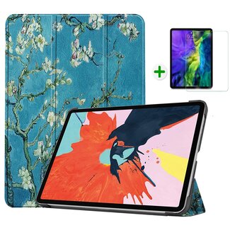 Case2go Case2go - Tablet Hoes & Screenprotector voor Apple iPad Air 2022 - 10.9 inch - Tri-Fold Book Case - Met Auto Sleep/Wake functie - Witte Bloesem