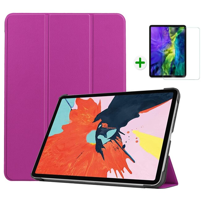 Case2go - Tablet Hoes & Screenprotector voor Apple iPad Air 2022 - 10.9 inch - Tri-Fold Book Case - Met Auto Sleep/Wake functie - Paars