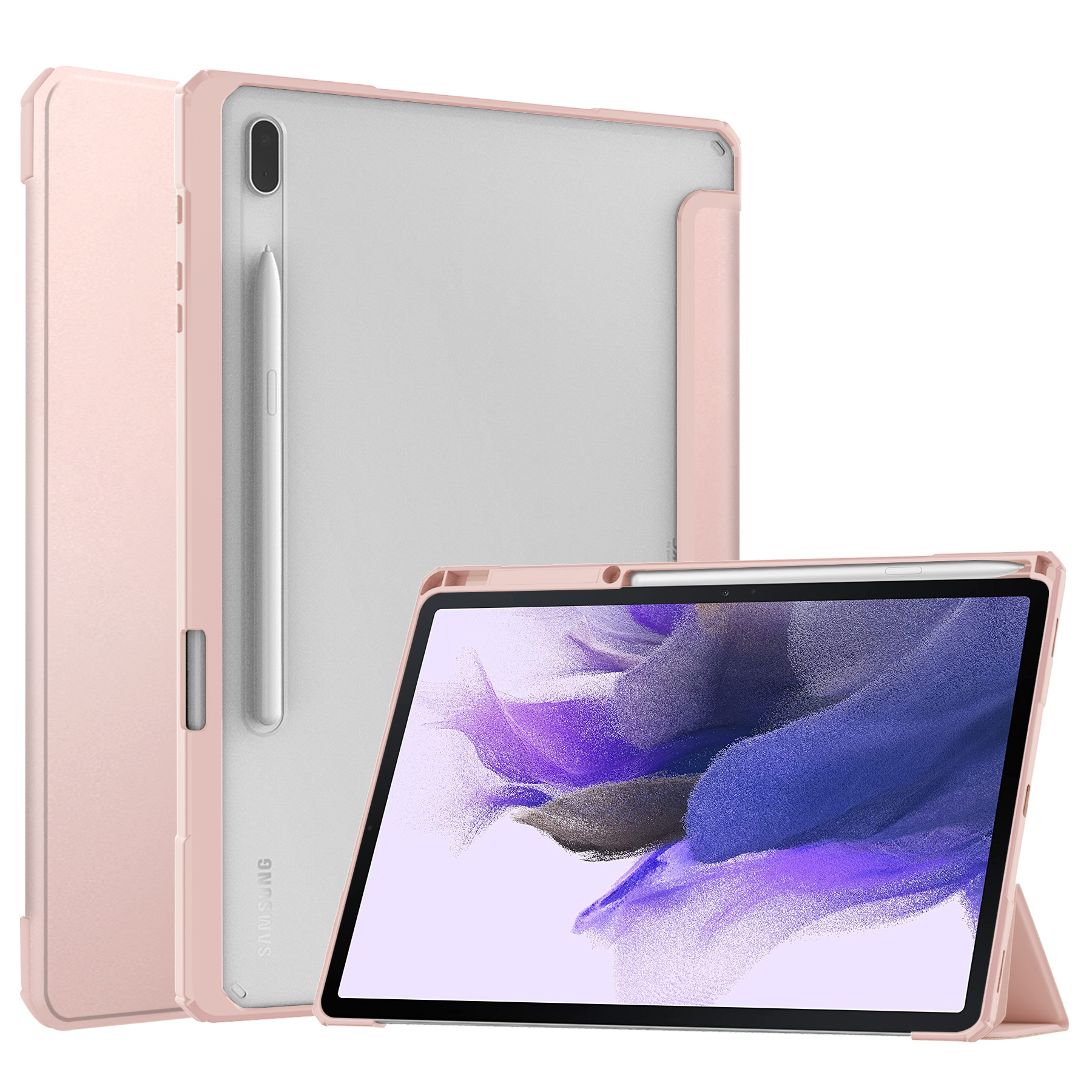 Case2go - Hoes geschikt voor Samsung Galaxy Tab S7 Plus (2020) Hoes - Tri-Fold Transparante Cover - Met Pencil Houder - Roze afbeelding