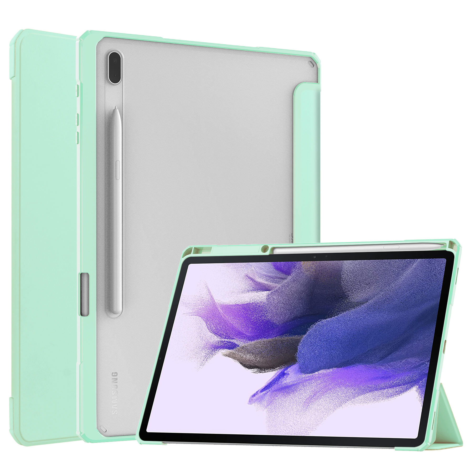 Case2go - Hoes geschikt voor Samsung Galaxy Tab S7 Plus (2020) Hoes - Tri-Fold Transparante Cover - Met Pencil Houder - Mint afbeelding