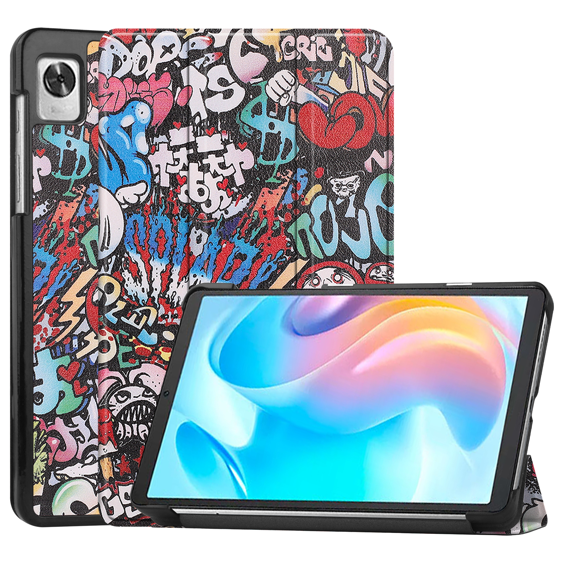 Case2go - Tablet Hoes geschikt voor Realme Pad Mini - 8.7 inch - Tri-Fold Book Case - Auto Wake functie - Graffiti afbeelding